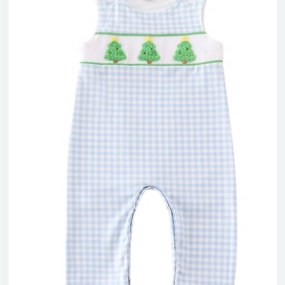 Blue Gingham Baby Romper with Christmas Tree Embroidery